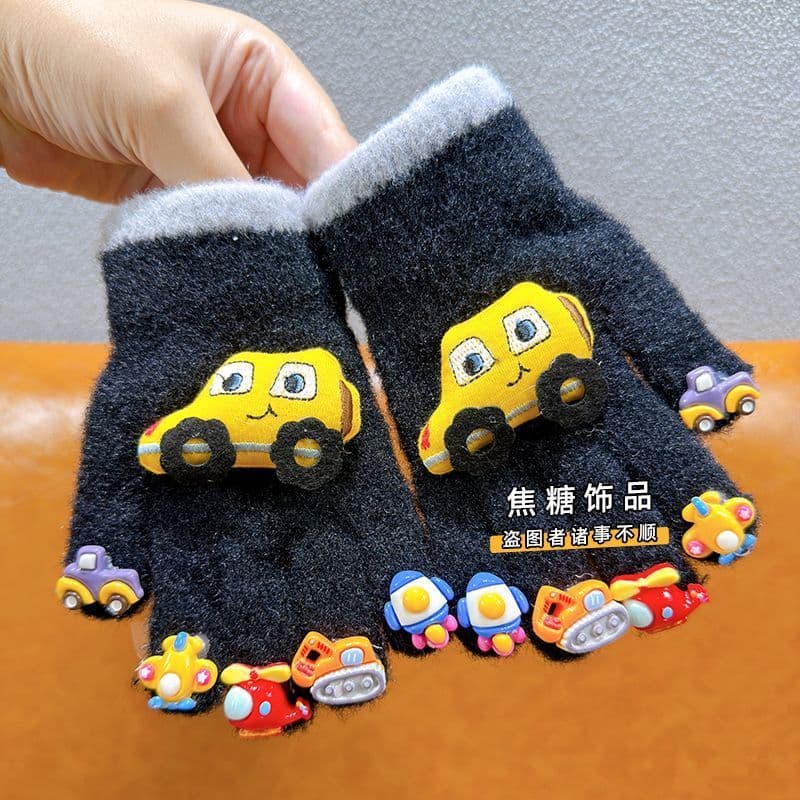 Outono inverno carro crianças luvas de dedo dividido boneca dos desenhos animados estilo Manicure quente cinco dedos luv