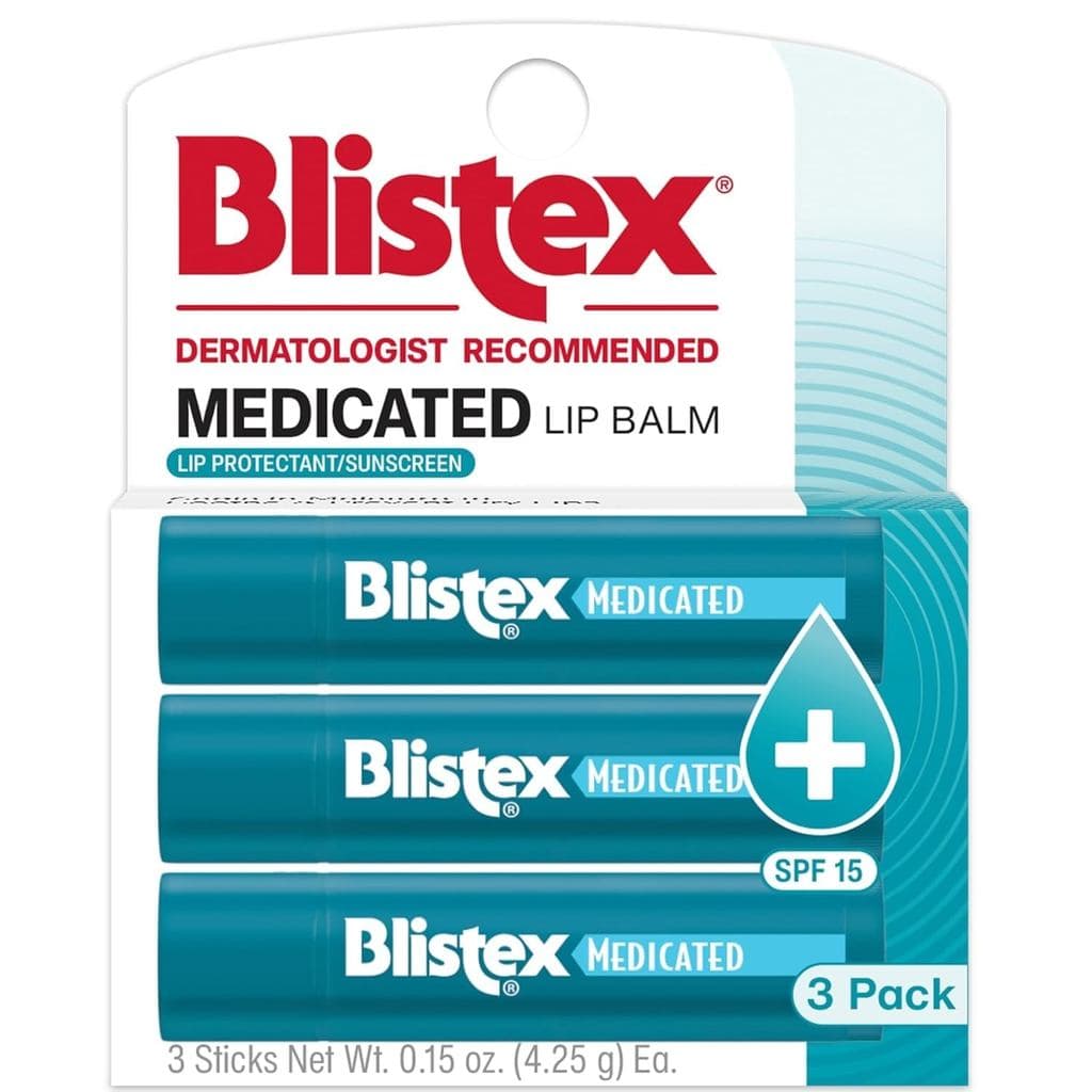 Bálsamo Labial Blistex Medied, 0,15 Onças, 3 Unidades (Pacote de 1) Previne Ressecamento e Rachaduras, Proteção Solar SP