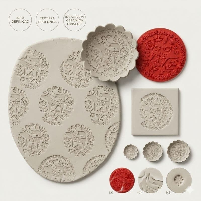 Carimbo Prato Folk para Cerâmica Argila Biscuit Artesanato Cerâmica Fria