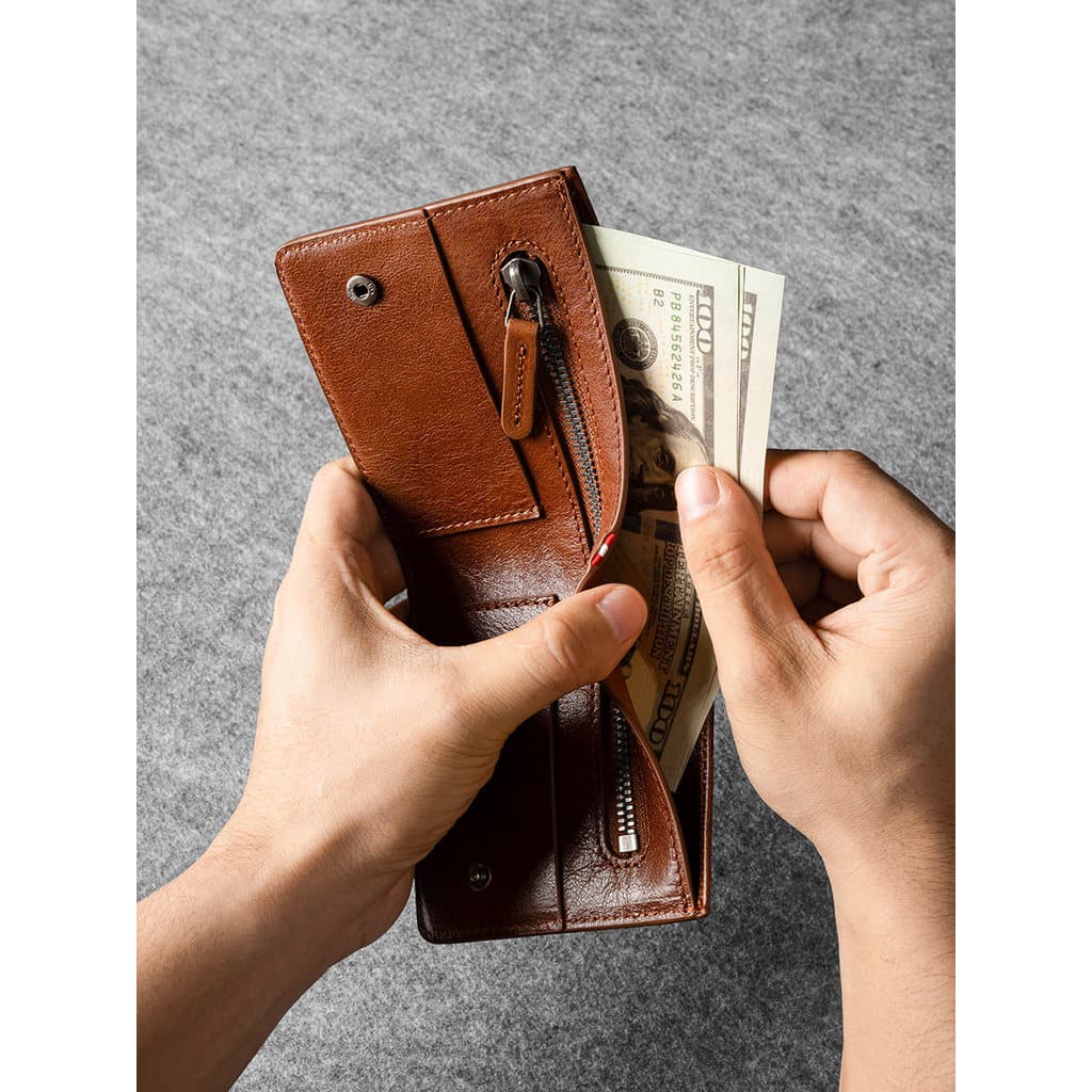 Gicany Carteira Curta Artesanal de Couro Genuíno Retro Business Zipper Carteira Masculina Premium Carteira Porta Cartão