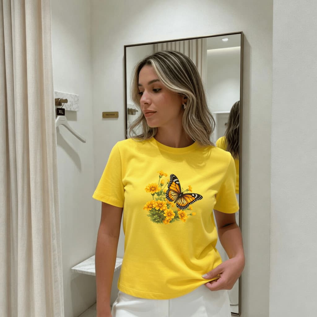 Camiseta Feminina Estampada Flores Amarela 100% Algodão Premium Verão Manga Curta Academia Treino Casual Plus Size