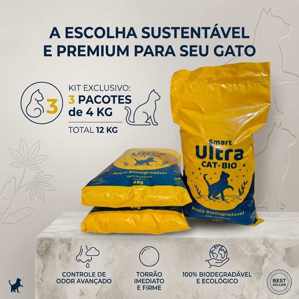 Areia para Gatos Biodegradável – Limpeza Fácil, Elimina Odor, Kit Econômico 3x4kg