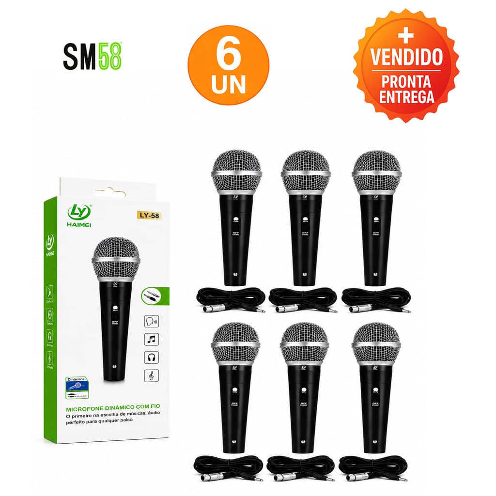KIT 6 Microfone Com Fio 5 Metros Grosso Dinâmico SM58 Karaokê Igreja Palestra Som Profissional