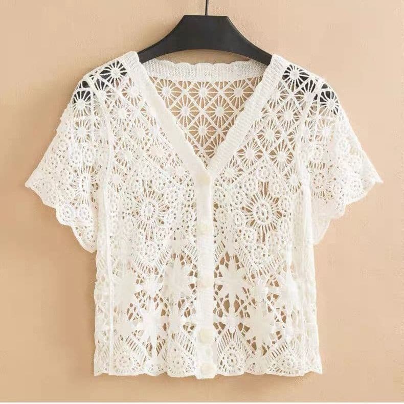 Novo cardigã feminino de verão em tricô vazado, versão coreana, com decote em V, renda combinável com tudo, xale fresco