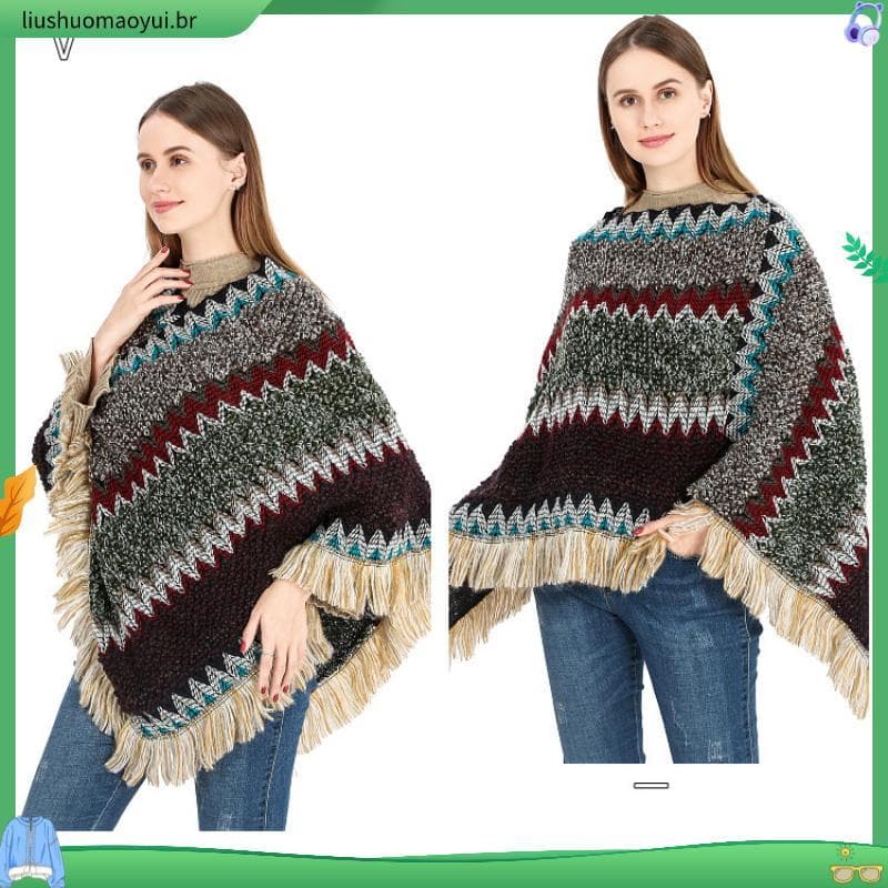 Poncho Feminino Casual Solto Com Franjas Na Bordas Estilo Vintage