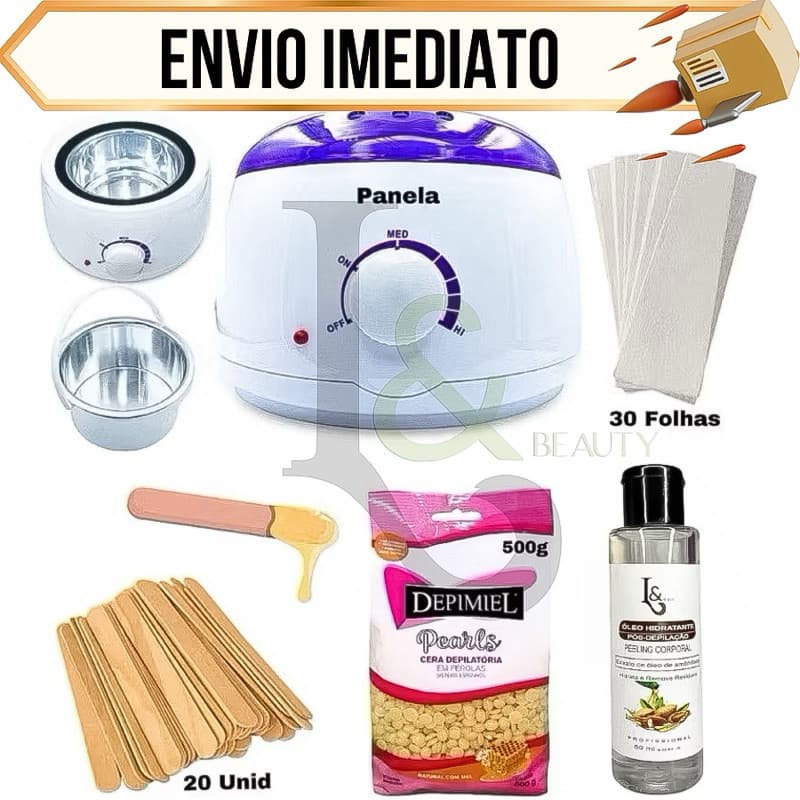 Kit Depilaçao Cera Quente Panela Elétrica + 500Gr Cera Perolada + Papel Removedor + Palitos N 2