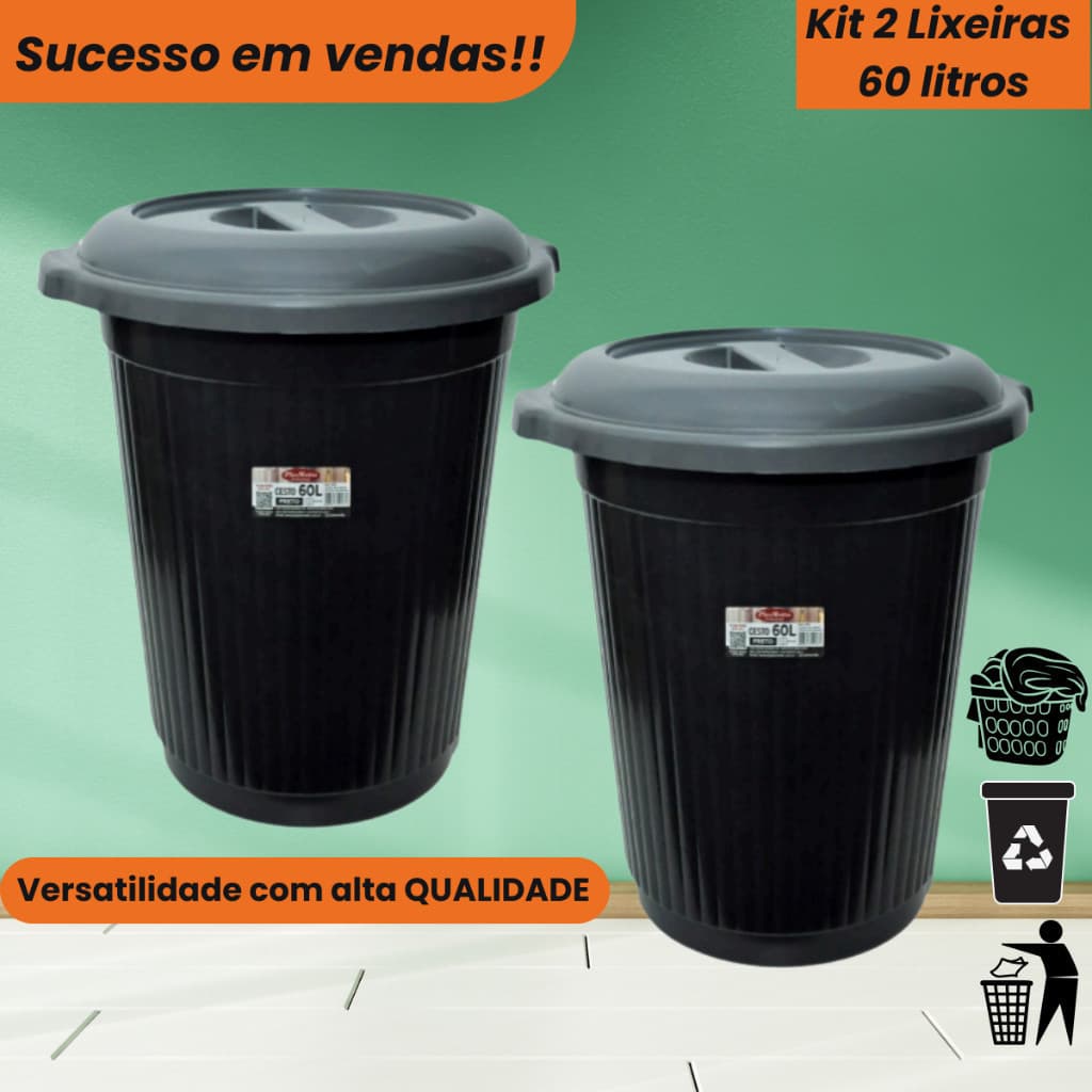 Cesto de Lixo Plástico 60 Litros Cesto Organizador C/2 unidades Lixo Roupa Suja Brinquedos
