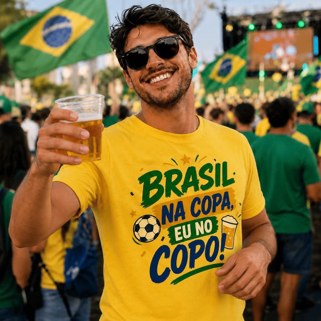 Camiseta Unissex Brasil na Copa Eu no Copo Hexa Algodão Torcida Temos Plus Size P ao G4