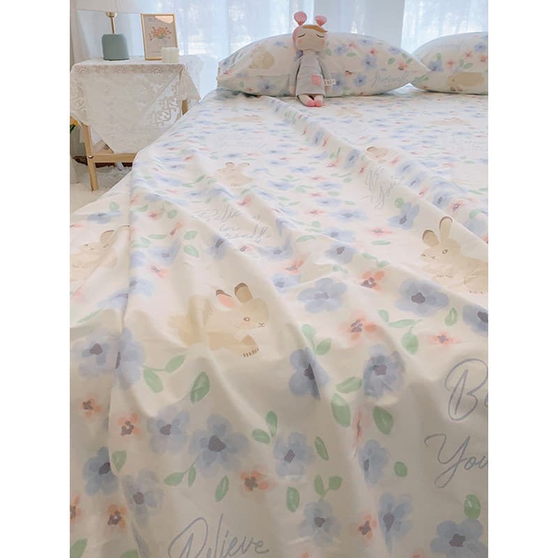 Ins fundo branco azul duplo peça única algodão puro menina 1.5 folha primavera verão pequeno Floral coelho algodão sarja