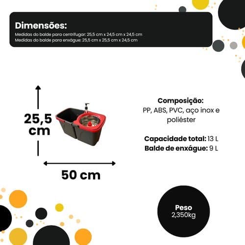 Mop Giratorio Slim 360 Centrifuga Aco Inox Balde Duplo Lavagem Facil