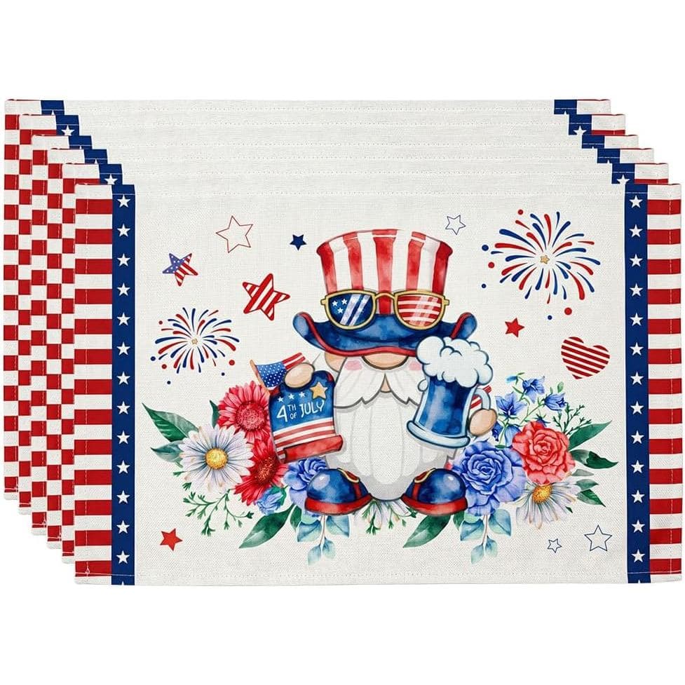Conjunto De Jogos Americanos De 4 De Julho Com 6 Bandeira Da América Gnomo Flor Jogo Americano Patriótico De Poliéster P