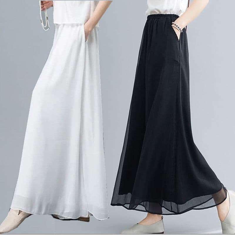 Calças de perna larga de Chiffon duplo senhoras cintura elástica fina branco preto cintura alta Drape elegante saia solt