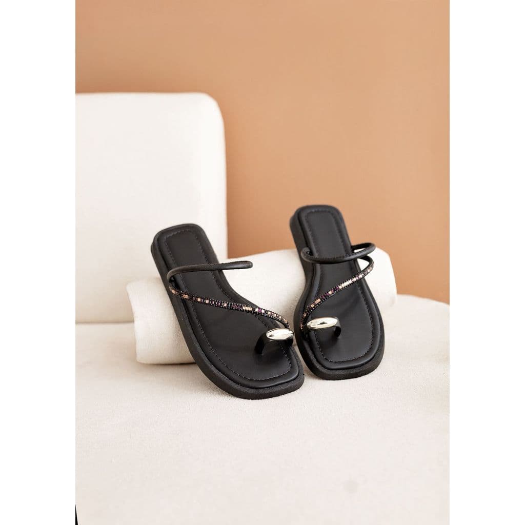 Sandália Feminina Flat Preta Branca Luxo com Strass Confortável Antiderrapante Tendência 2026