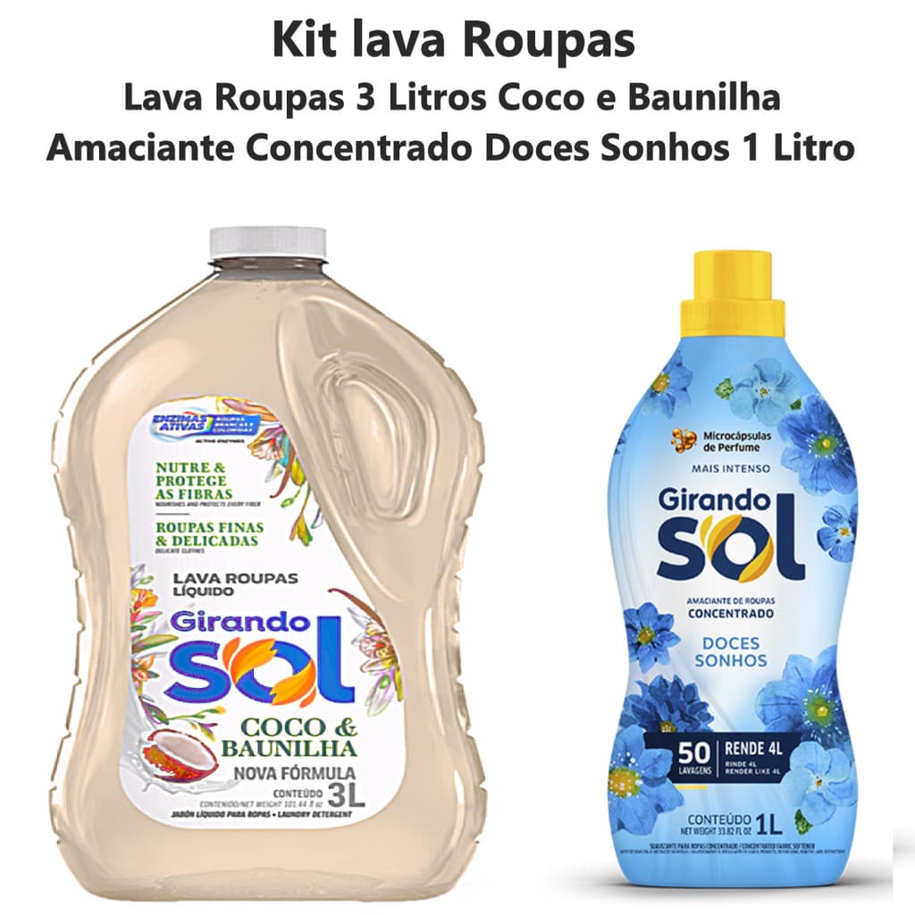 Kit Lava Roupas 3 Litros Coco e Baunilha + Amaciante Concentrado Girando Sol 1 Lt Doces Sonhos