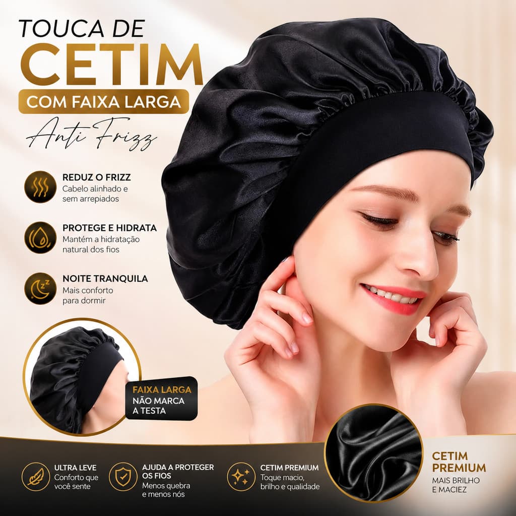 Touca Noturna de Cetim com Faixa Larga – Mantém o Cabelo MARAVILHOSO