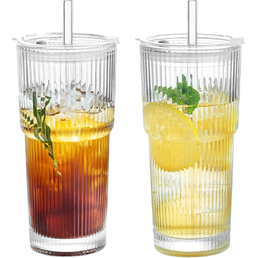 Puraville Conjunto de 2 Copos de Vidro de 20oz com Tampas e Canudos, Copos de Vidro Vintage com Relevo para Whisky, Coqu