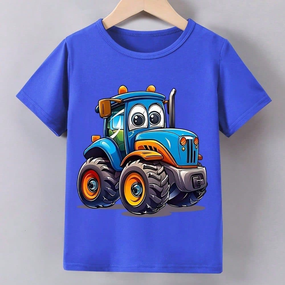 Camiseta Infantil 100% Algodão de Manga Curtanpara Meninos com Estampada Cartoon Trator Camiseta Para Menino Infantil