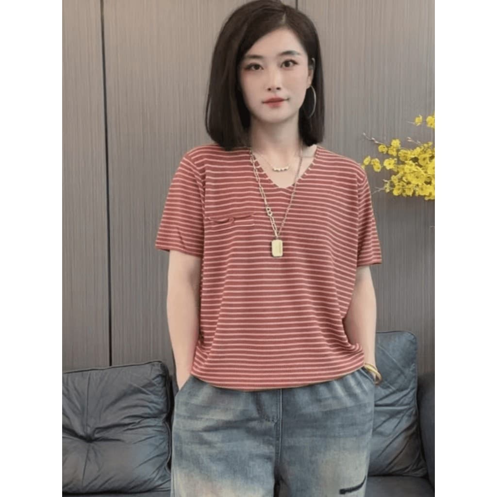 Além de gordura plus Size roupas femininas estilo preguiçoso listrado manga curta camiseta feminina verão bens europeus