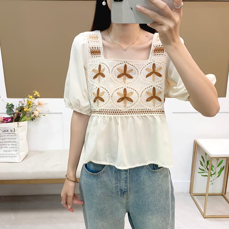 Verão francês nicho Design sentido pescoço quadrado costura Puff camisa de manga curta feminina suave pequeno malha topo