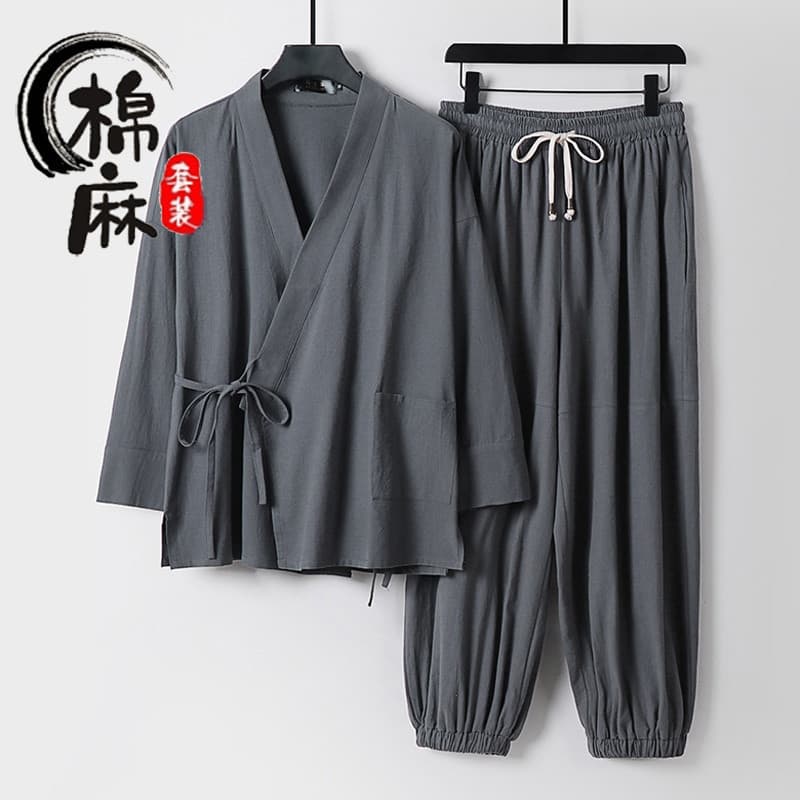 Linho de algodão Hanfu manga três quartos terno de linho masculino verão taoísta Robe Zen roupas soltas tornozelo compri