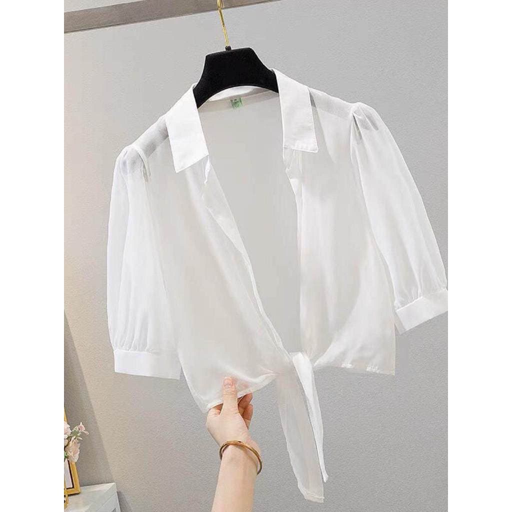 Verão pequeno xale feminino exterior combinando estilingue saia verão Chiffon topo curto protetor solar Cardigan camisa