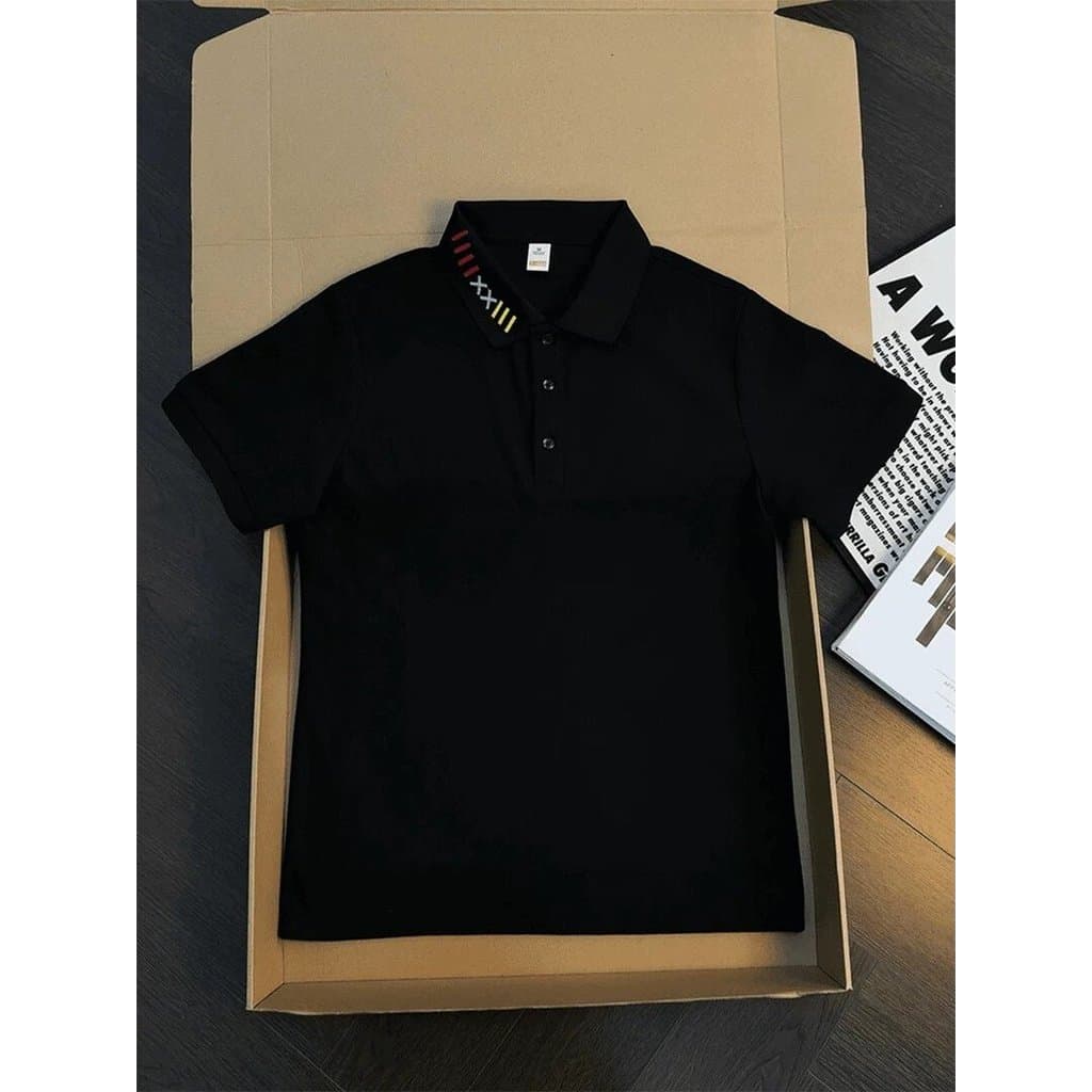 Preto bordado frente ombro de manga curta camisa POLO masculina verão estilo americano pesado rufião bonito lapela camis