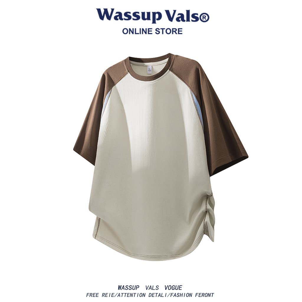 WASSUP VALS Street Wear Contraste Cor Costura Camiseta de Manga Curta Masculina Verão Fino Solto Casual Casal Metade @-