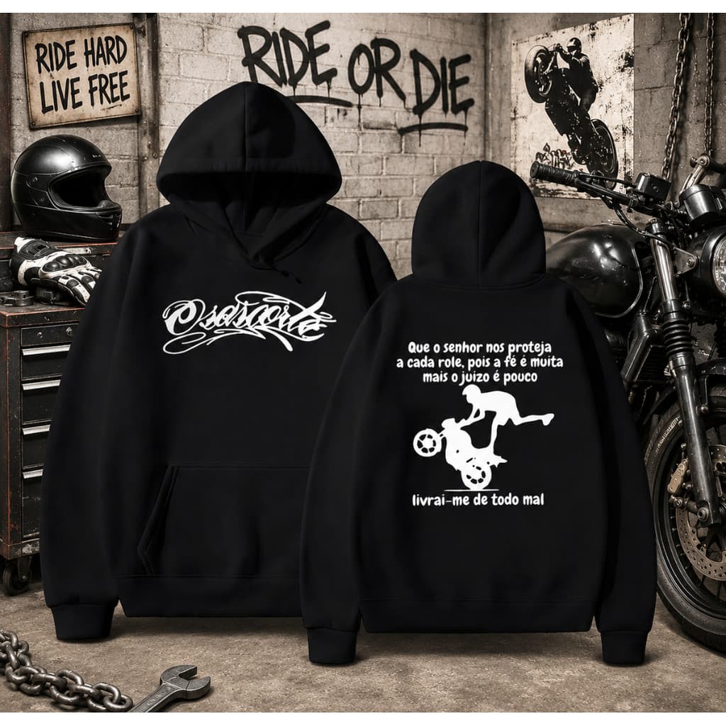 Moletom Masculino Streetwear  com Capuz Canguru Osascorte Que o Senhor nos Proteja Frase Moto Grau