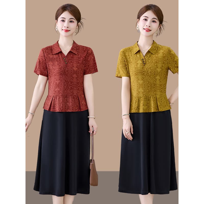 Moda meia-idade idosos lapela falso vestido de duas peças cobrindo carne mais magro olhar mãe verão novo estilo costura