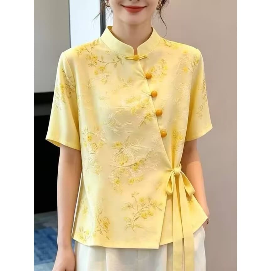 2026 verão novo estilo gola alta de manga curta impressa camisa abotoada feminina Design solto novo estilo chinês estilo
