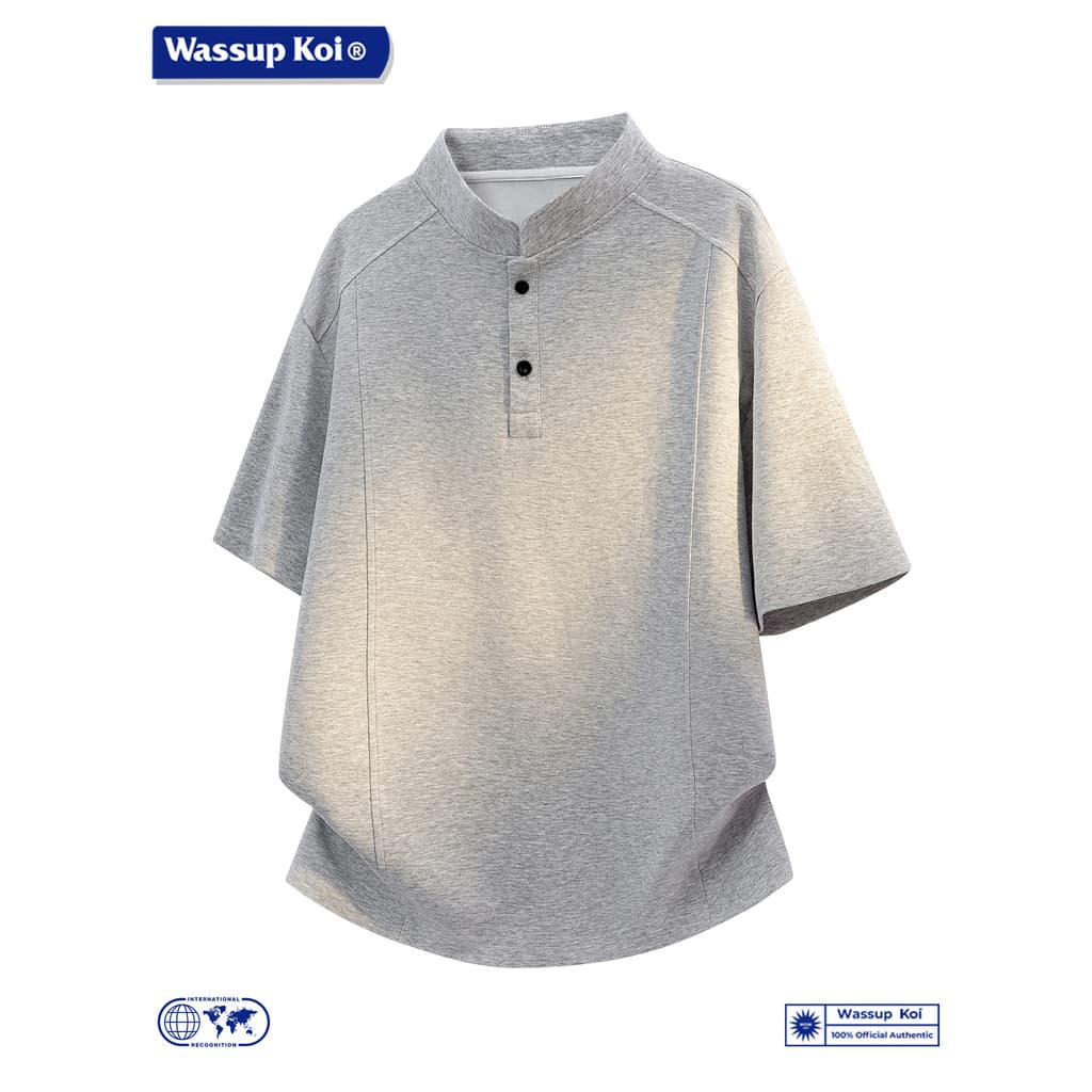 WASSUP KOI Co-Branded Henry Collar Camiseta de manga curta masculina verão fino americano desconstruído Top meia manga t