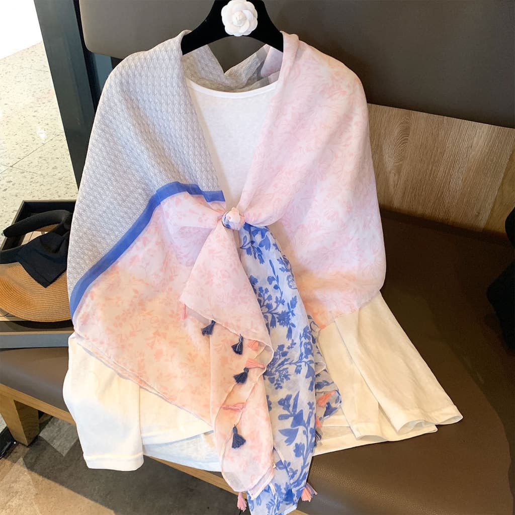 Primavera verão fresco macio algodão linho sentir longo cachecol feminino literário simples elegante flor borla lenço de