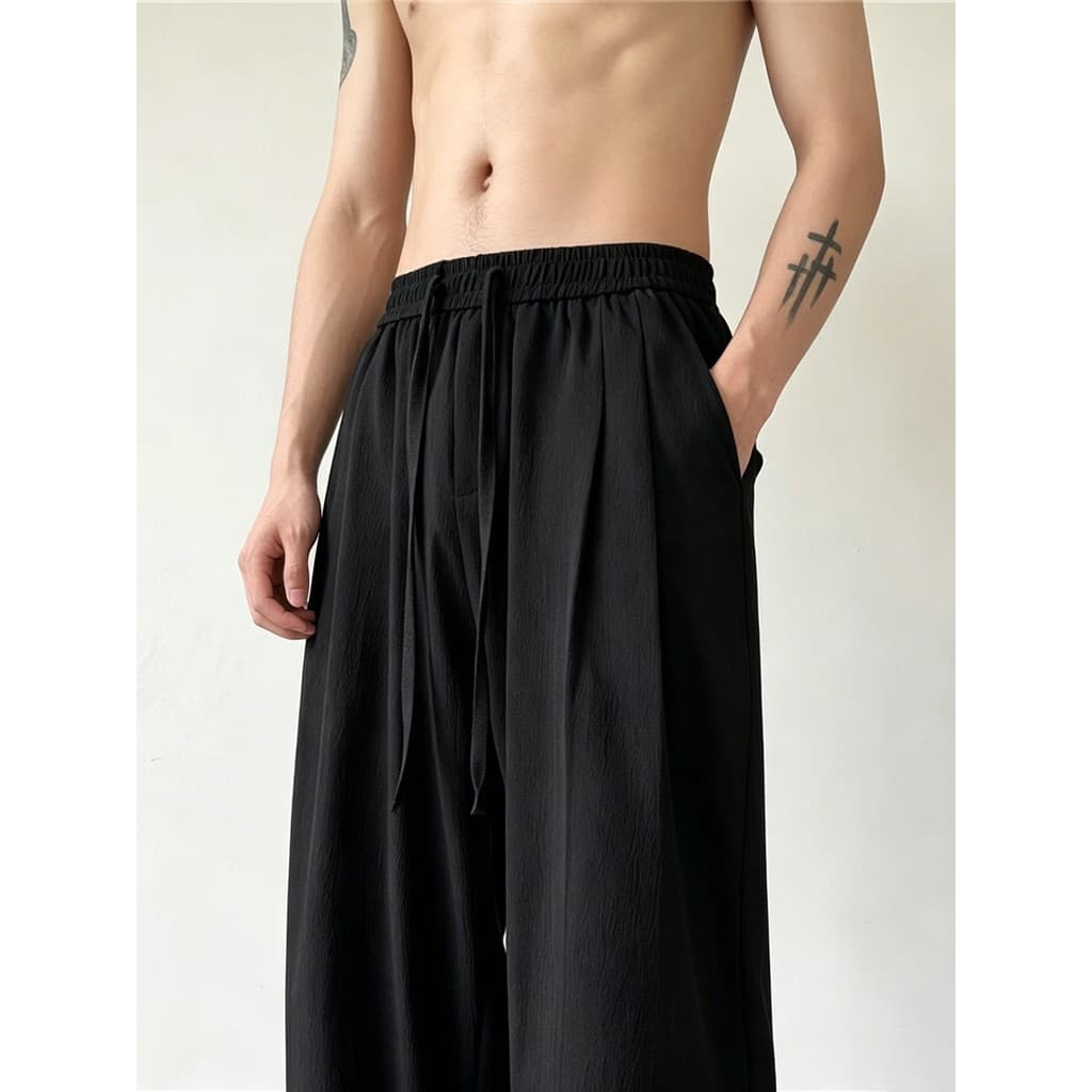 Calças de seda gelo masculinas verão fino solto legal calças casuais na moda perna larga Drape perna larga calças pretas