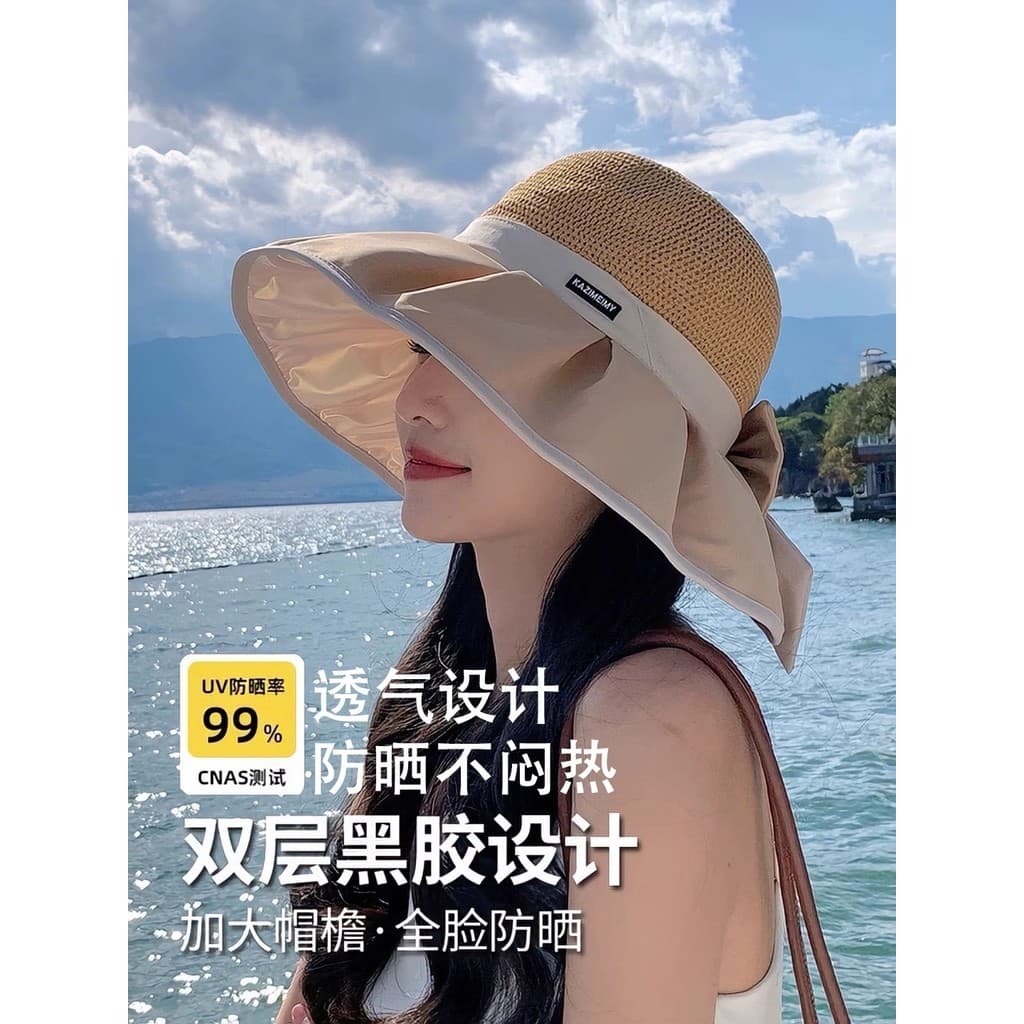 2026 novo estilo balde chapéu feminino verão pára-sol vinil Anti-ultravioleta protetor solar chapéu grande borda arco ch