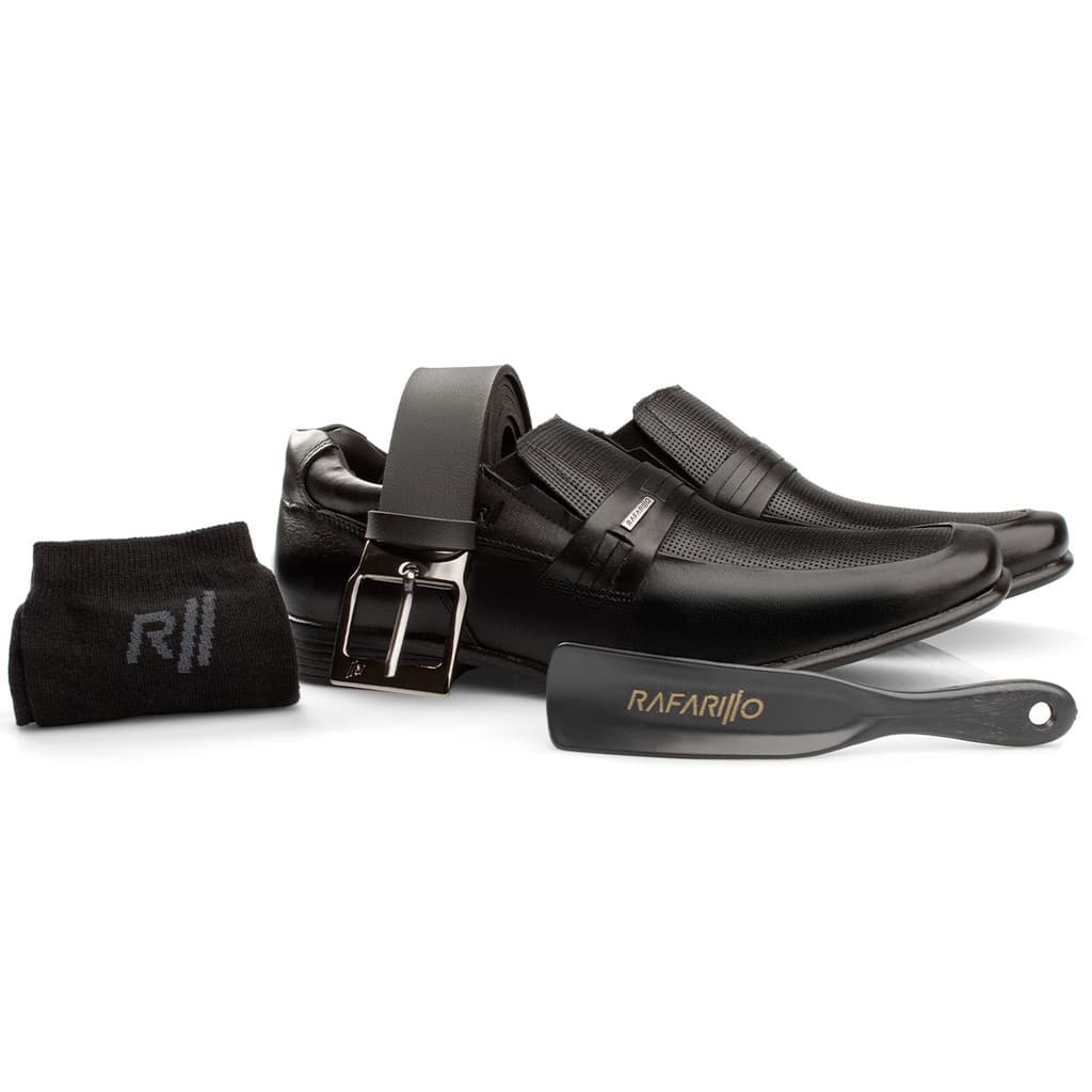 Kit 4 Em 1 Sapato Social Masculino Rafarillo Senna Urbano Couro Cinto Meia Calçadeira Conforto 45030