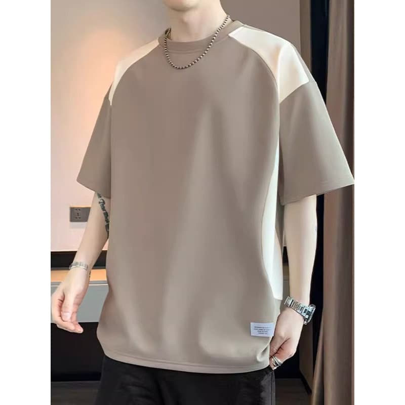 Contraste cor costura camiseta de manga curta masculina verão seda gelo sensação legal meia manga masculina em torno do
