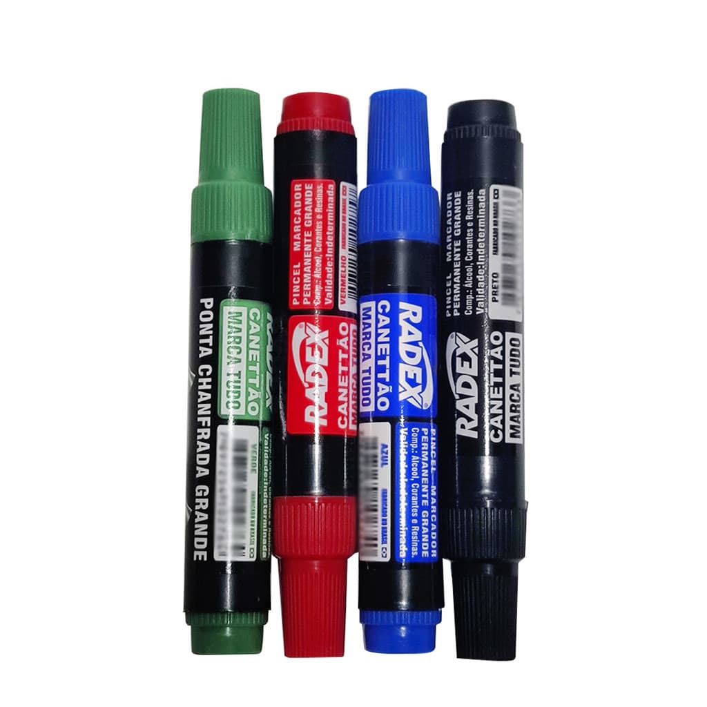 KIT 04 Marcadores Pincel Atômico Permanente Canetão Ponta Chanfrada - Radex