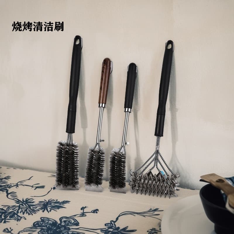 Escova de limpeza para churrasqueira com três cabeças, ferramenta para churrasco, escova de aço inoxidável para churrasc