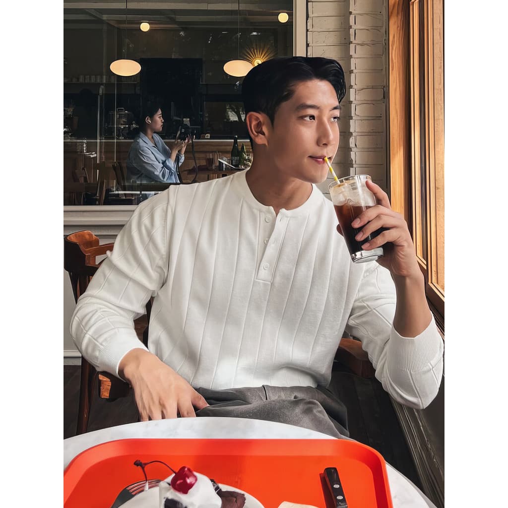 Primavera outono High-End versão coreana Pit Strip Henry colarinho malhas de manga comprida camiseta masculina Commuter