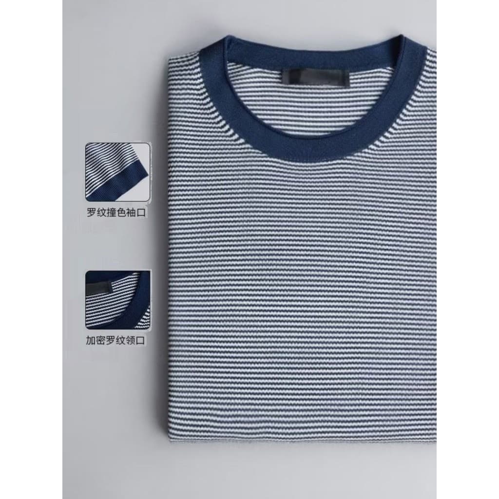 High-End luz luxo mar alma riscas não-ferro Tencel malha camiseta contraste com nervuras Casual redondo Ne