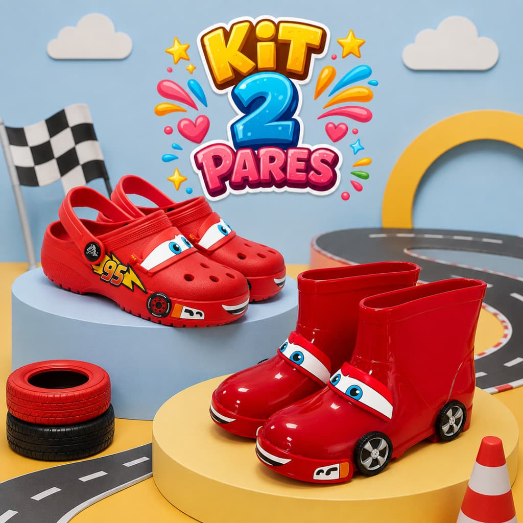 Kit Galocha e Babuche Infantil Menino Menina Carros Personagens Impermeável Chuva Escola