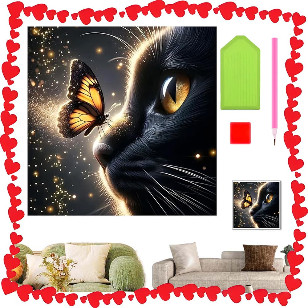 30 x 30 cm, Conjunto de Pintura artística Gato preto e borboleta com diamantes quadrados 5D para decoração de parede DIY