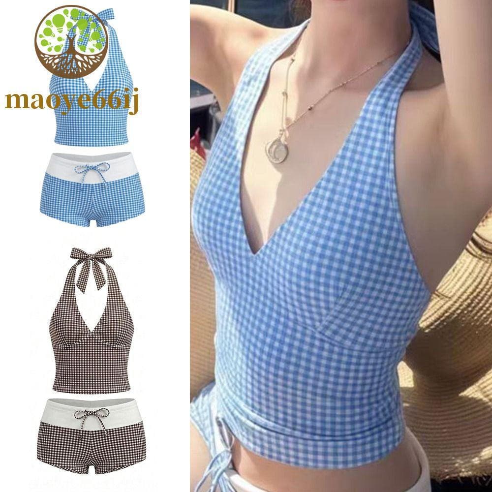 Conjunto De Roupa De Banho Listrada MAOYE66 , Biquíni De Duas Peças Com Decote Em V Slim Fit , Maiô Xadrez Gola Halter Y