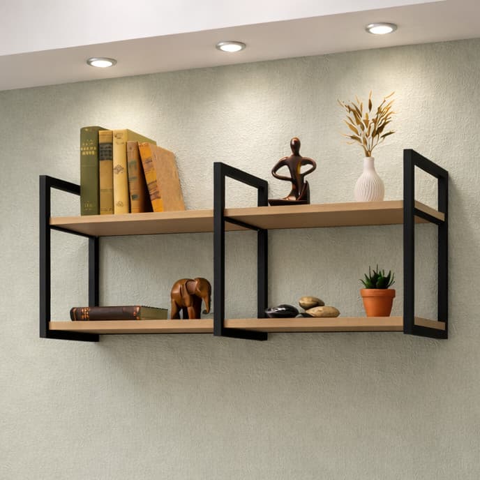 Prateleira Nicho Industrial Suspensa 100cm Base de Ferro Tampo de Madeira Decorativa de Parede