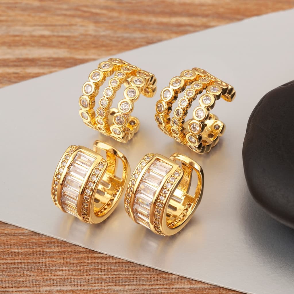 Luxo Fino Cobre Zircônia Banhado A Ouro Clipes De Orelha Brincos Acessórios Femininos Jóias