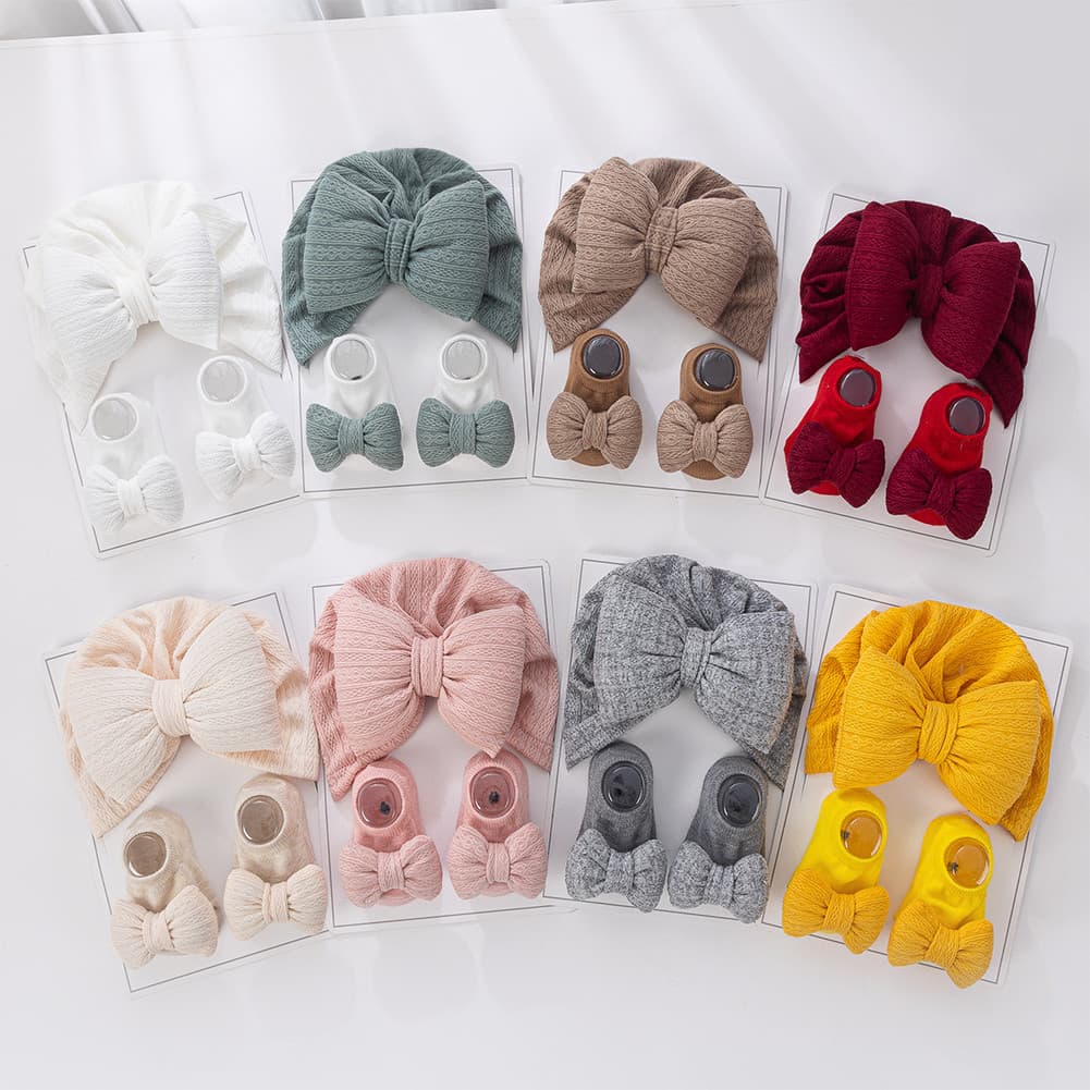 Conjunto De 3 Peças De Chapéu E Meia Para Bebê De 0 A 12 Meses-Gorros Grandes Com Laço Bufante + Meias Curtas Antiderrap