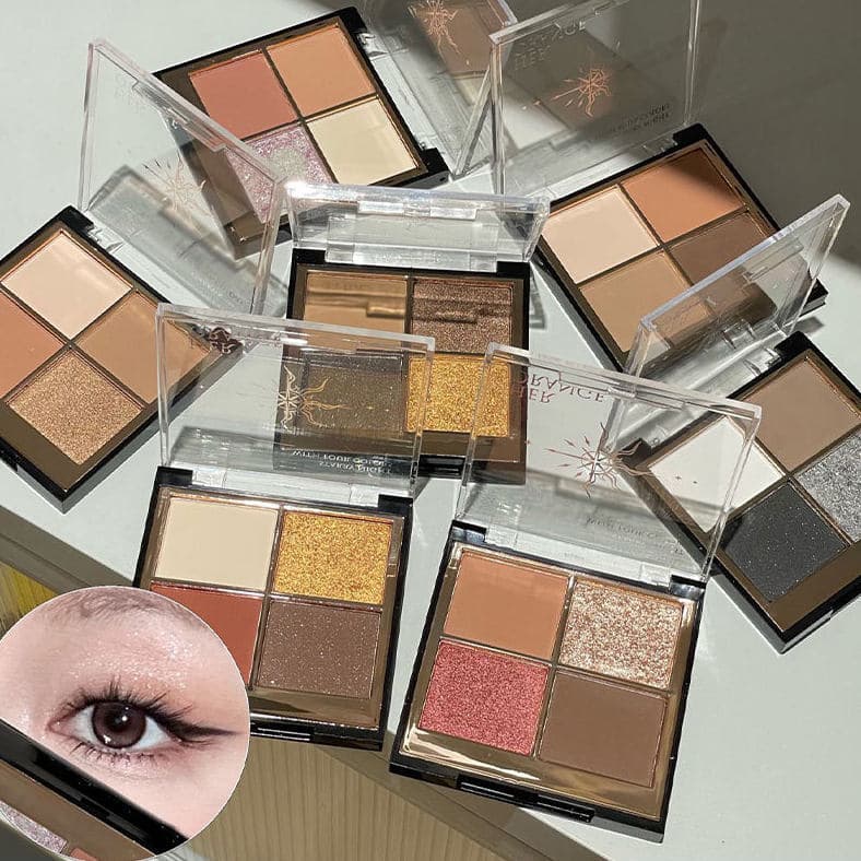 Paleta de sombras de quatro cores fosco perolado fino piscando baixa saturação aparência de cor terra destaque maquiagem