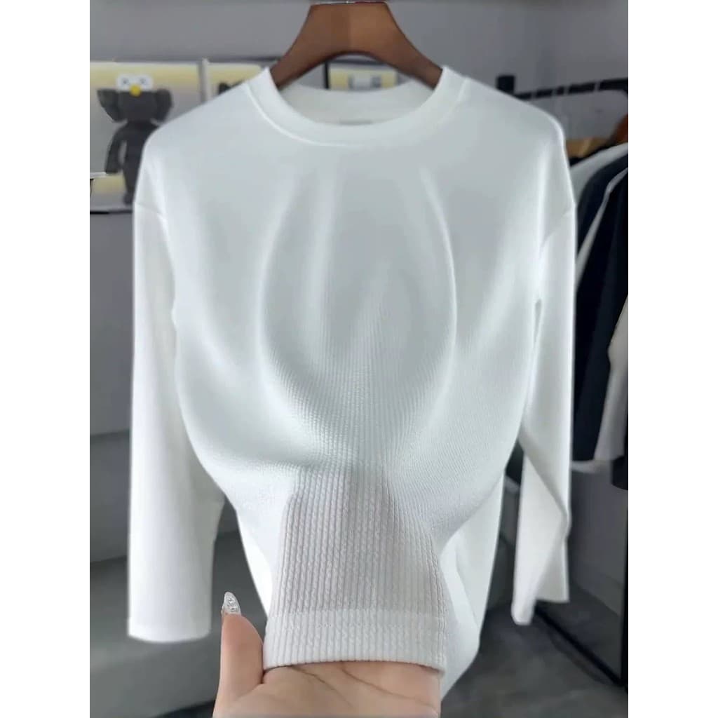 Produtos europeus Waffle em torno do pescoço moletom masculino Seersucker macio ceroso magro ajuste camiseta de manga co