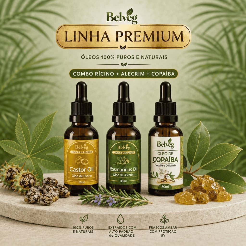 Kit COMBO 3 Óleos Rícino Alecrim e Copaíba Belveg 100% Vegetal Cabelo Pele Barba Hidratação Fungos Acne