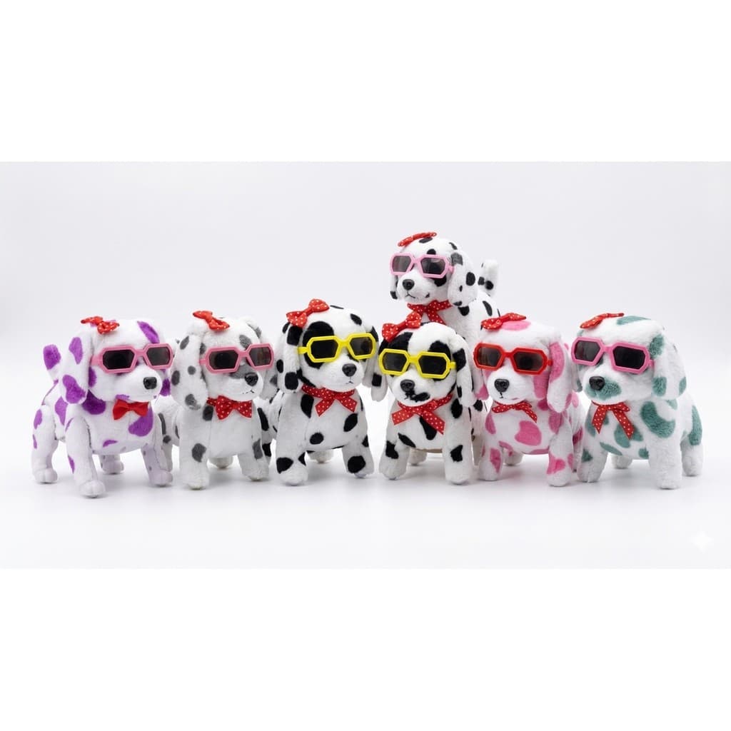 Cachorrinho Colorido Pelúcia Dalmata Anda e Late a Pilha com Óculos XF-0116 Brinquedo Fofo